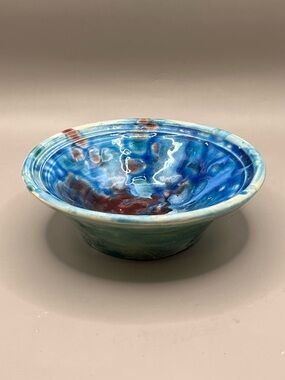 Red White And Blue Pottery Bowl Handmade 6”